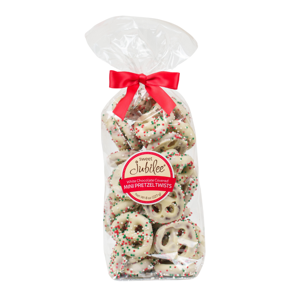 White Chocolate-Covered Mini Pretzel Twists with Holiday Nonpareils