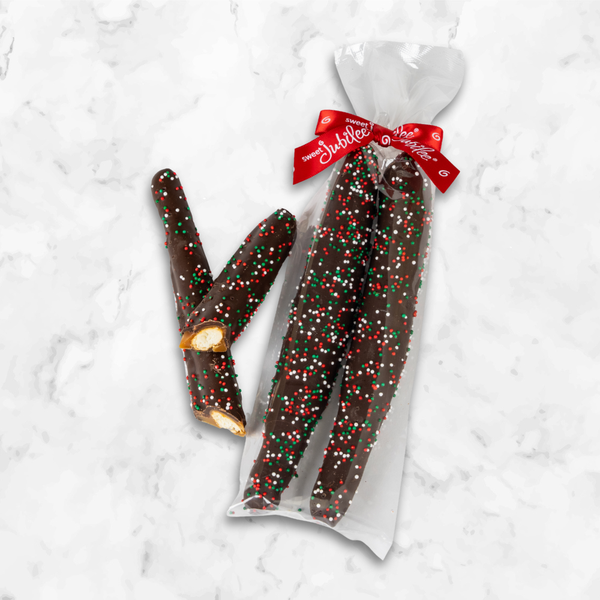Holiday Dark Chocolate Covered Caramel Pretzel Rods