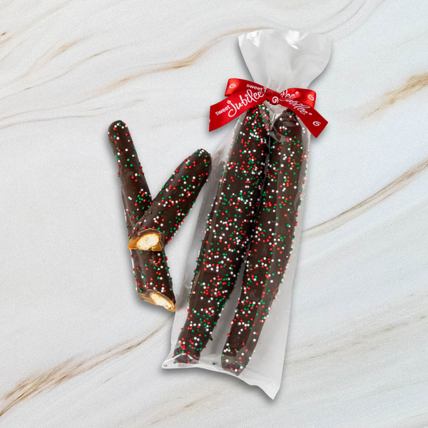 Holiday Dark Chocolate Covered Caramel Pretzel Rods