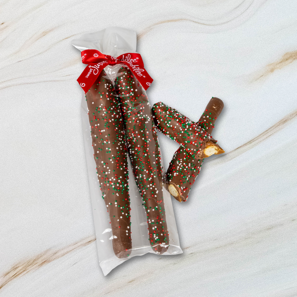 Holiday Milk Chocolate Covered Caramel Pretzel Rods
