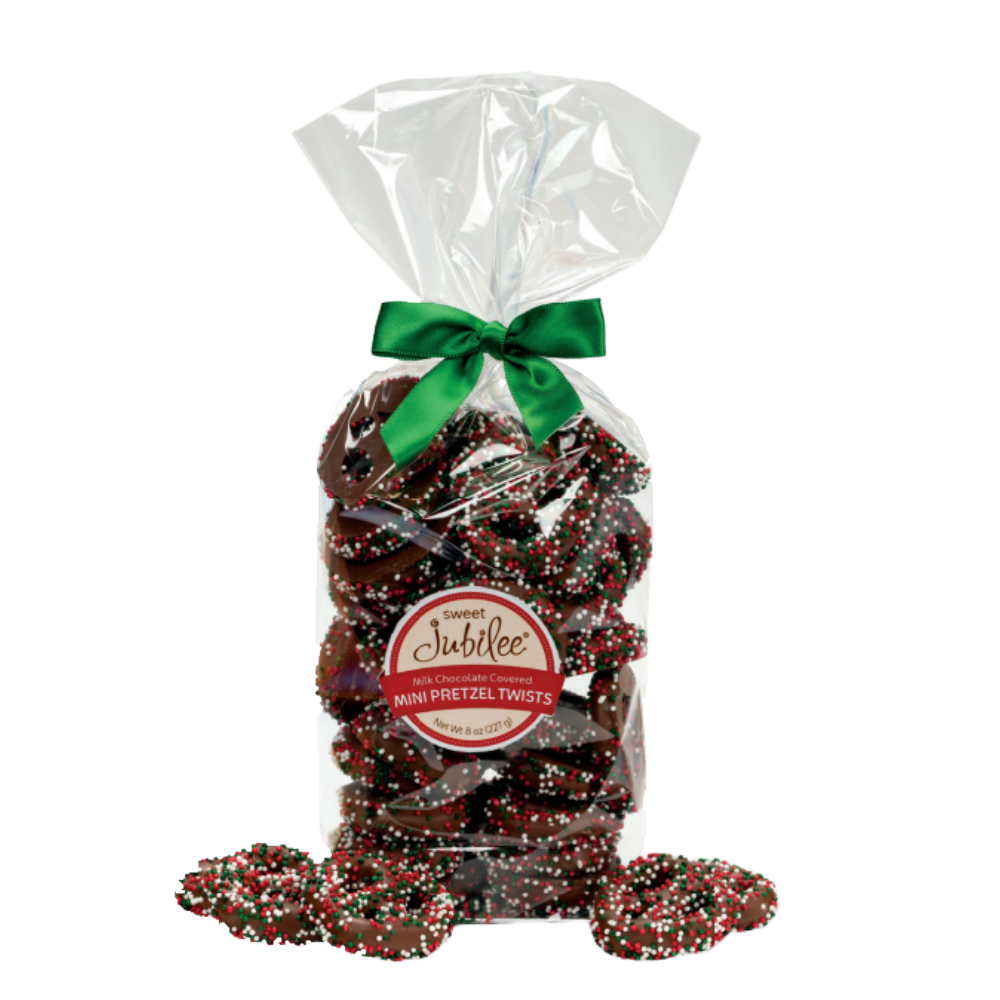 Milk Chocolate-Covered Mini Pretzel Twists with Holiday Nonpareils