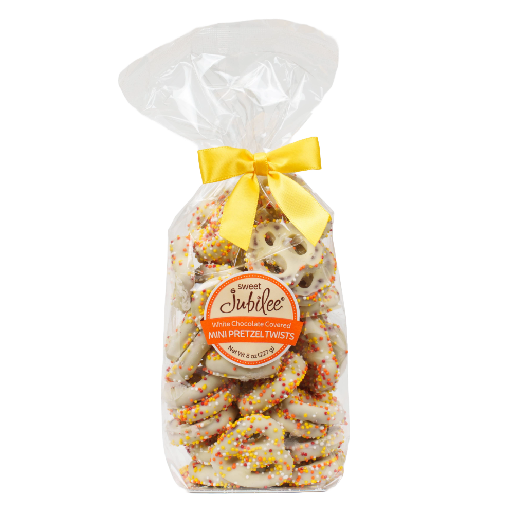 White Chocolate-Covered Mini Pretzel Twists with Fall Nonpareils