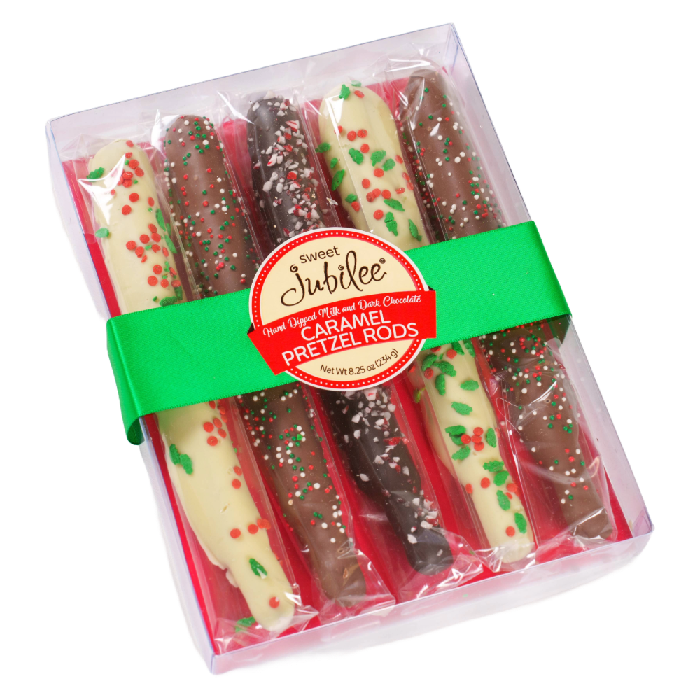 Holiday Chocolate-Covered Caramel Pretzel Rod Gift Box