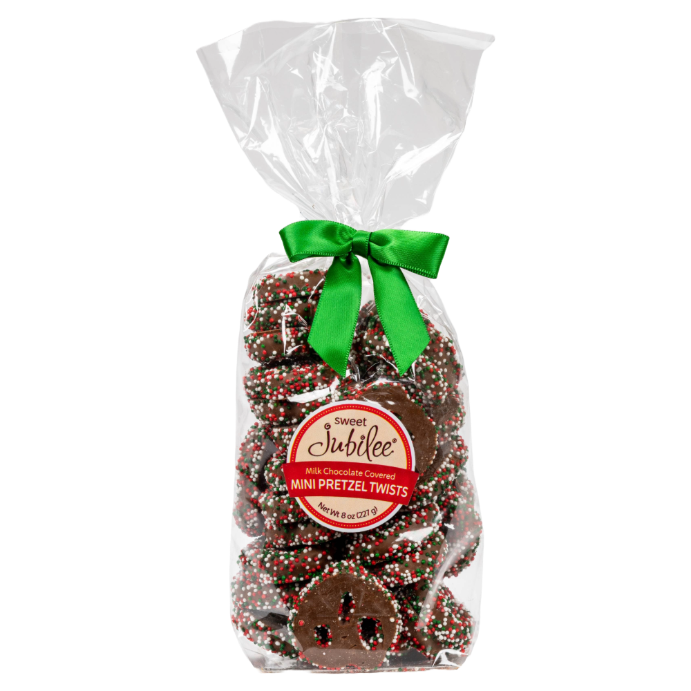 Milk Chocolate-Covered Mini Pretzel Twists with Holiday Nonpareils