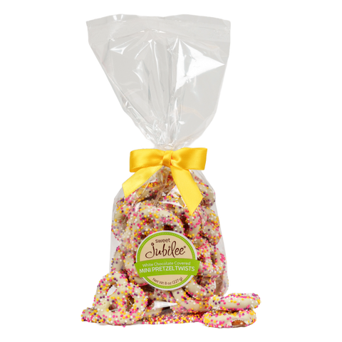 White Chocolate-Covered Mini Pretzel Twists with Spring Nonpareils