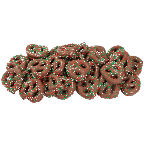 Milk Chocolate-Covered Mini Pretzel Twists with Holiday Nonpareils