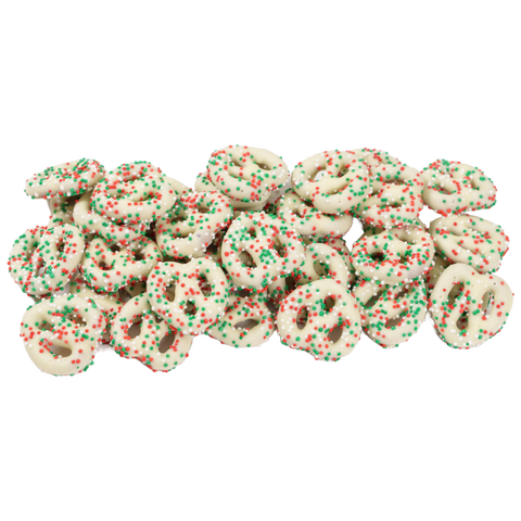 White Chocolate-Covered Mini Pretzel Twists with Holiday Nonpareils