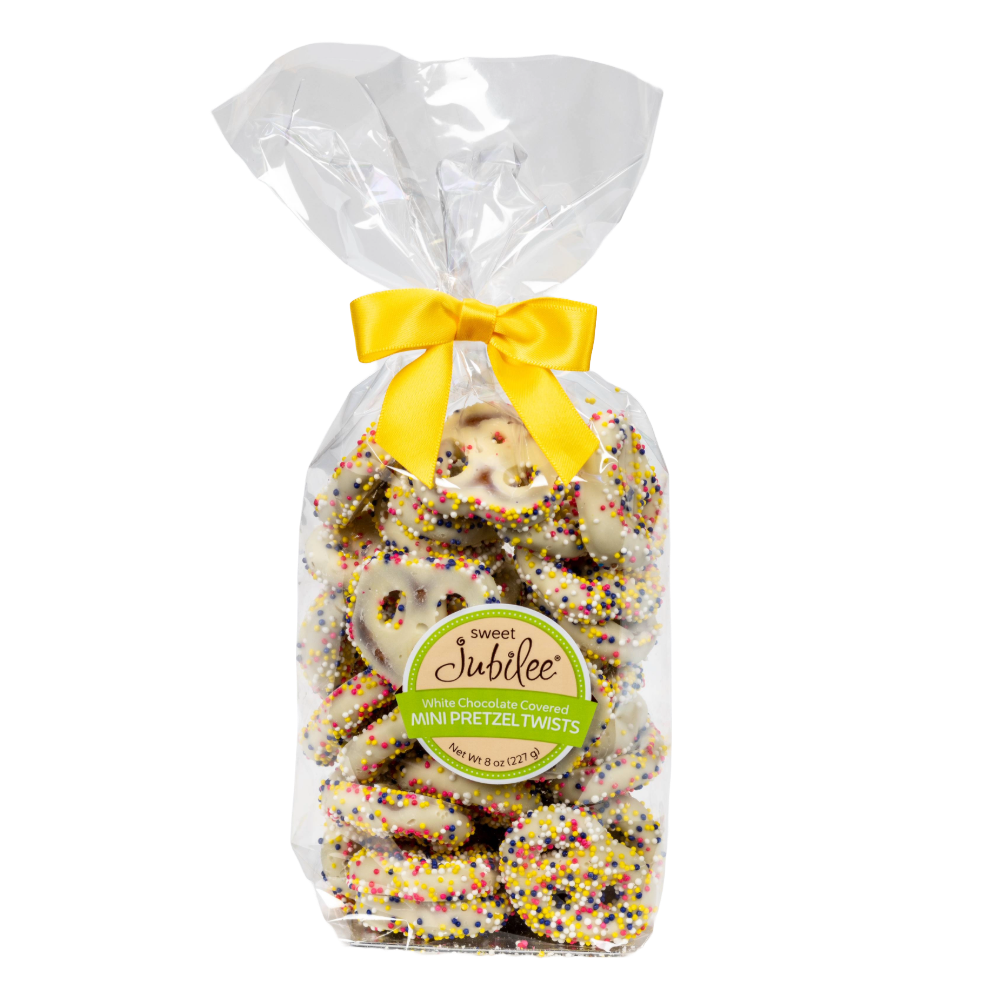 White Chocolate-Covered Mini Pretzel Twists with Spring Nonpareils
