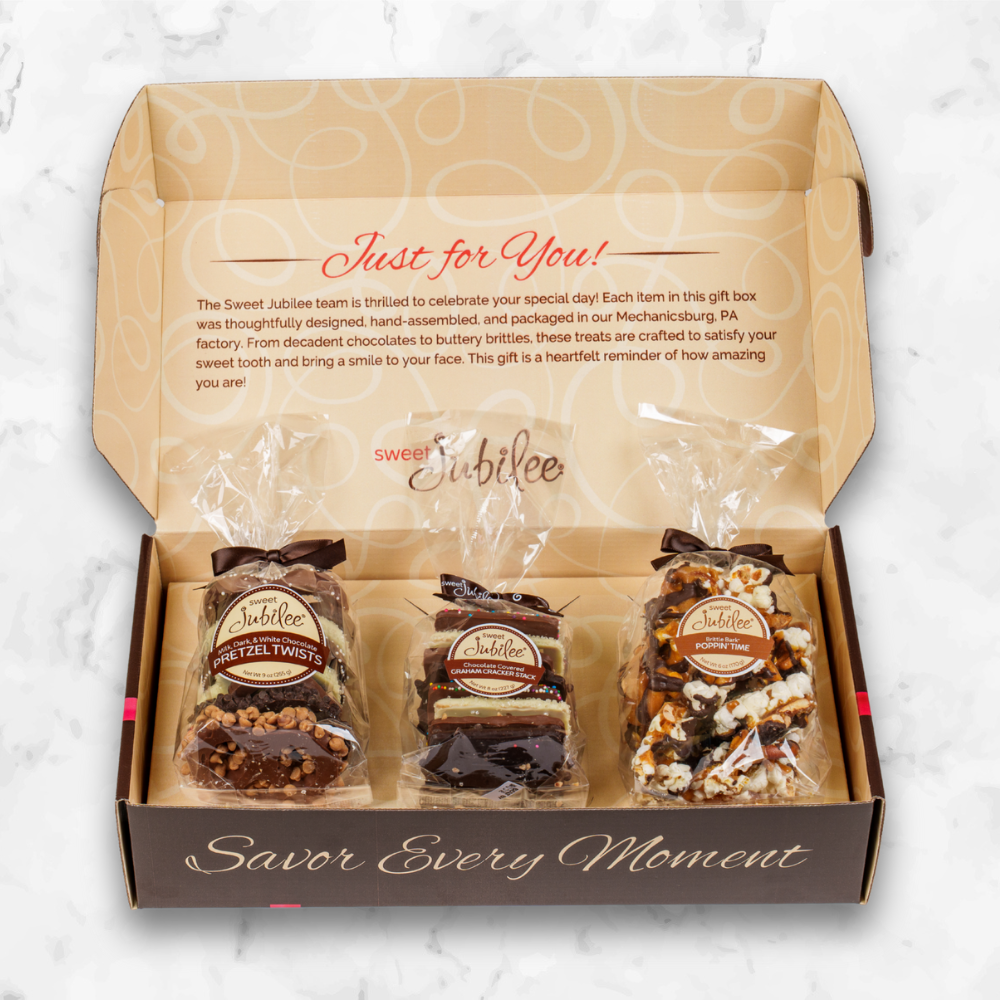 Stack Box of Chocolate Pretzels, Graham Crackers, & Brittle | Sweet Jubilee