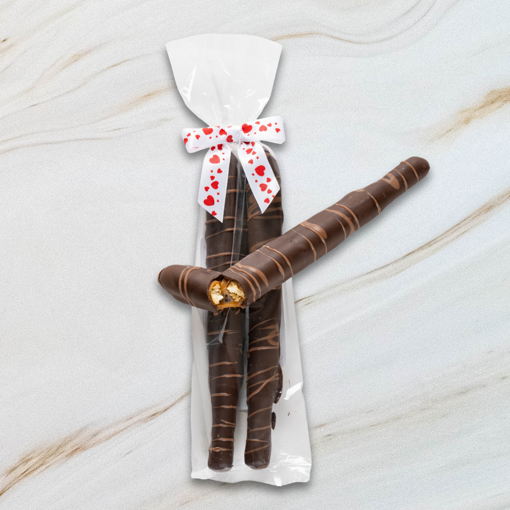 Valentine's Day Dark Chocolate Covered Caramel Pretzel Rods