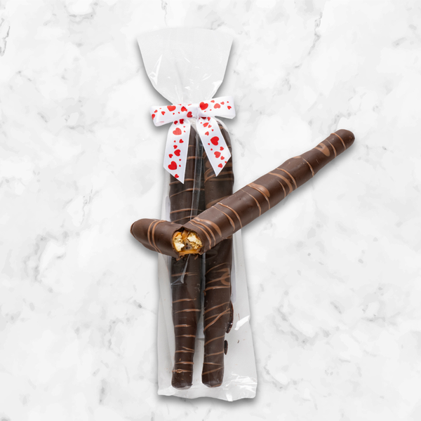 Valentine's Day Dark Chocolate Covered Caramel Pretzel Rods
