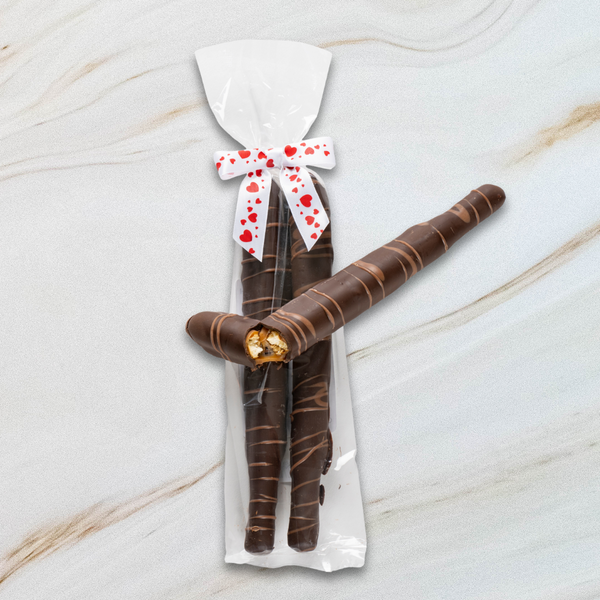 Valentine's Day Dark Chocolate Covered Caramel Pretzel Rods
