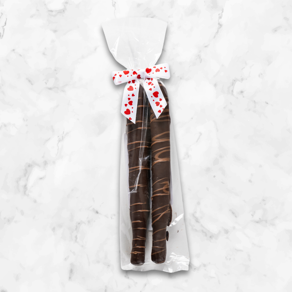 Valentine's Day Dark Chocolate Covered Caramel Pretzel Rods