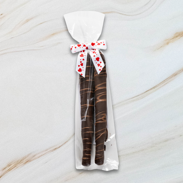 Valentine's Day Dark Chocolate Covered Caramel Pretzel Rods